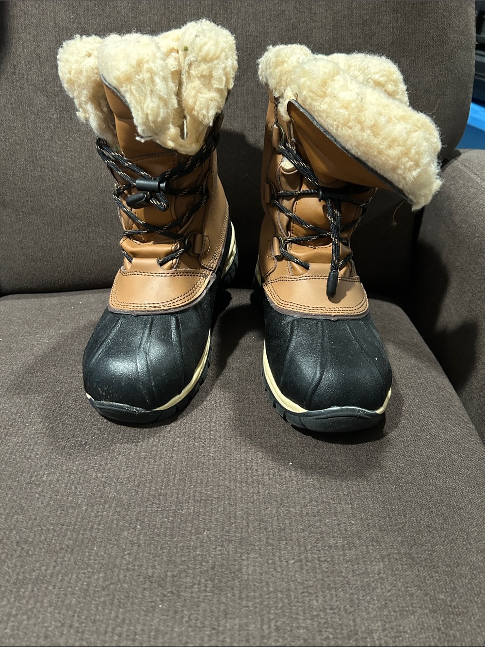 BearPaw Tan and Black Waterproof Snow Boots with Shearling Cuff